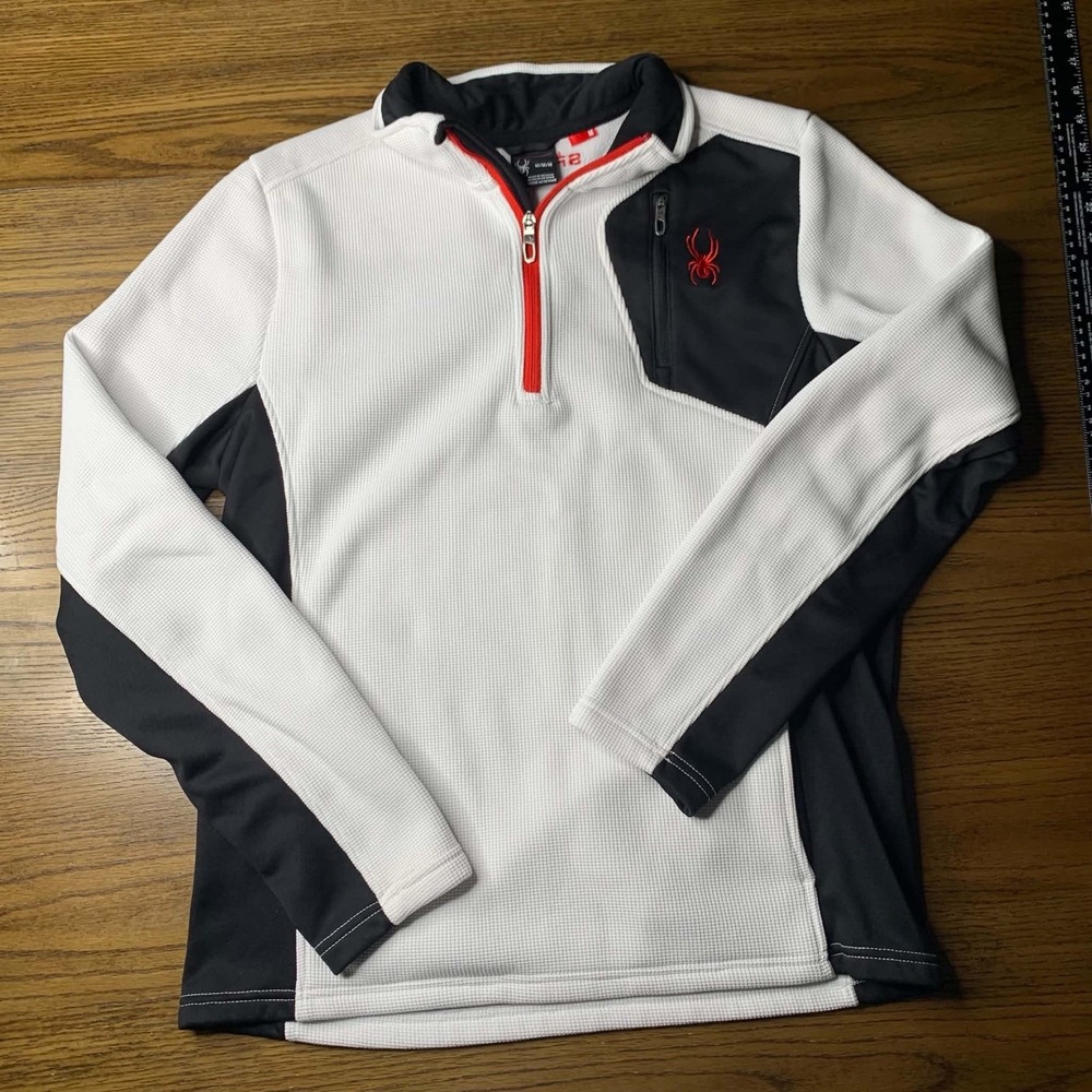 Spyder Sweater Mens Large White/Black/Red Core Knit 1/4 Zip Mock Neck Pullover